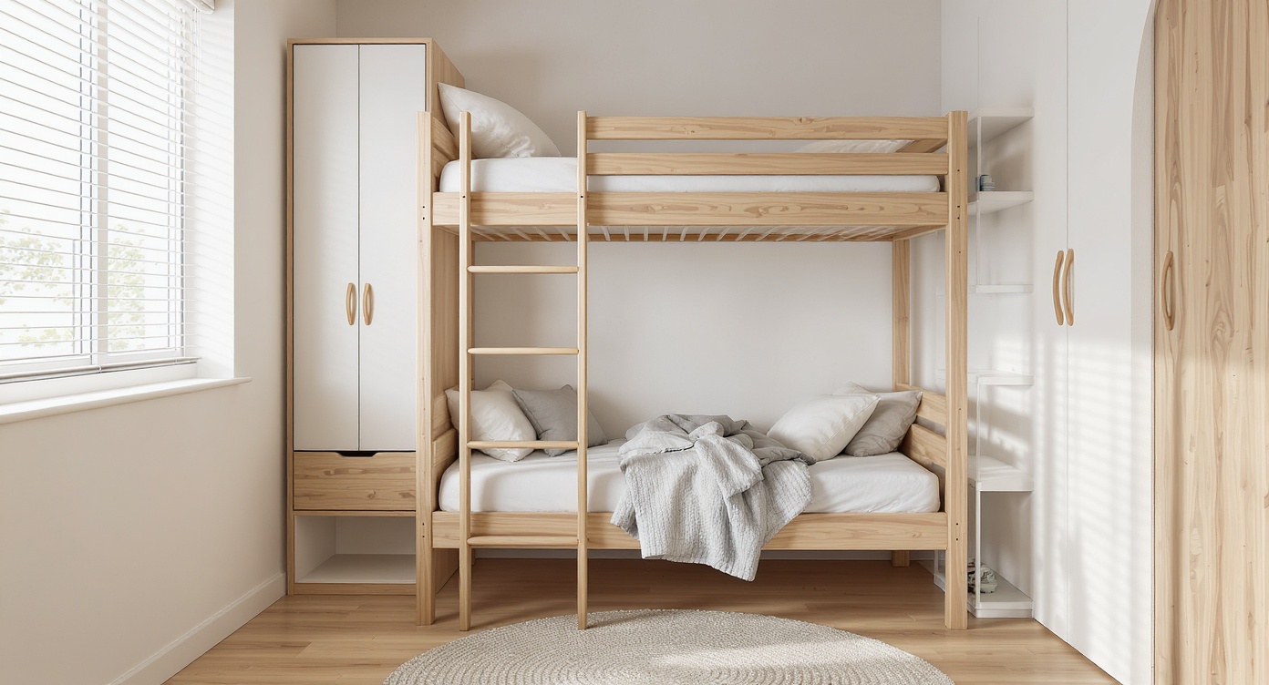 AI photorealistic render: Light oak minimalist bunk bedroom