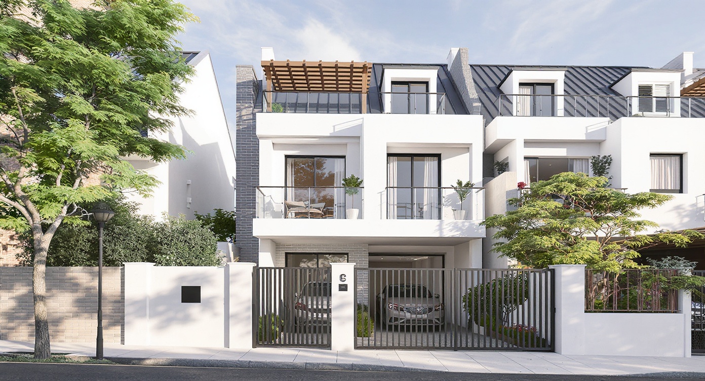AI photorealistic render: Modern two‑storey townhouse facade — photoreal render