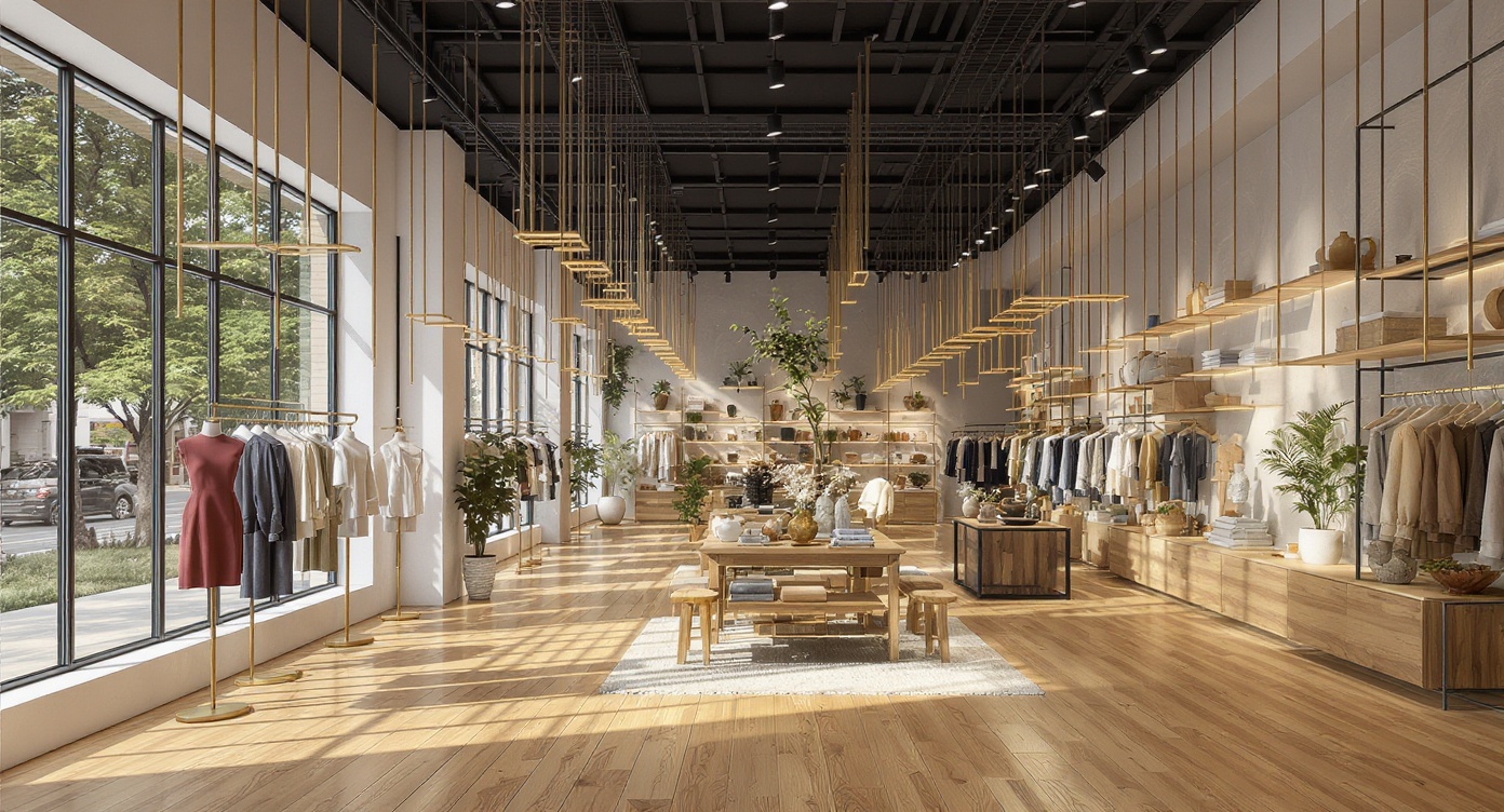 AI photorealistic render: Contemporary boutique interior — suspended brushed-gold racks