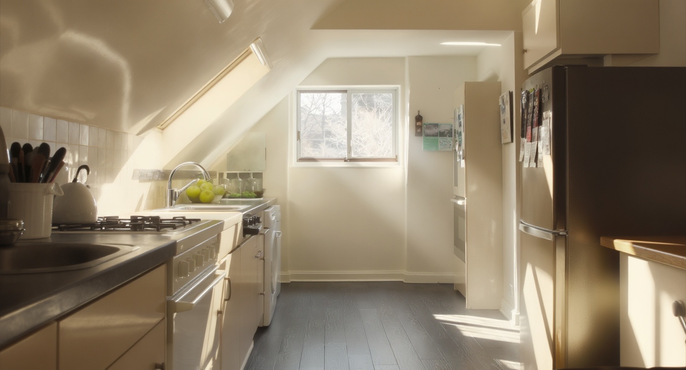 AI photorealistic render: Morning light minimalist kitchen — skylight & left-light