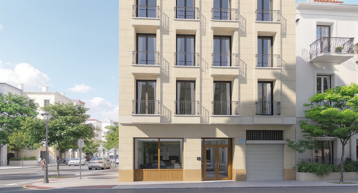 AI photorealistic render: Modern narrow façade — stone cladding, three-storey urban