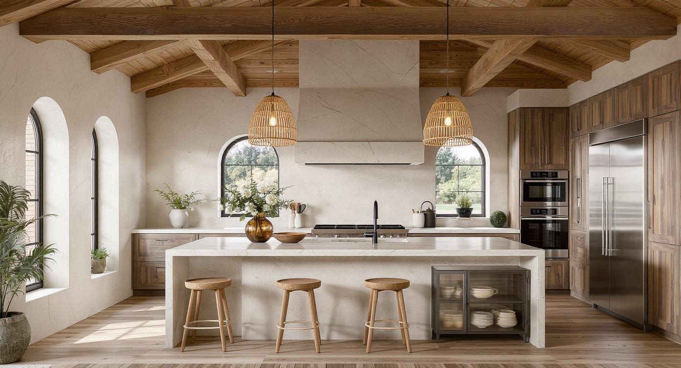 AI photorealistic render: Modern rustic vaulted kitchen render