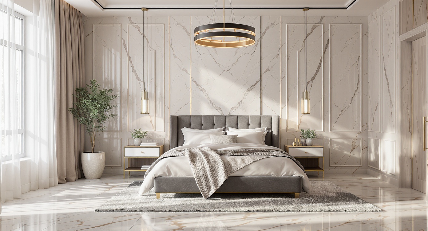 AI photorealistic render: Modern marble-panelled luxurious bedroom