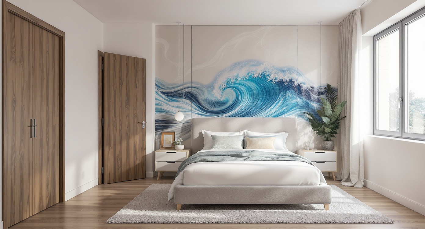 AI photorealistic render: Minimalist modern bedroom render — evening lighting