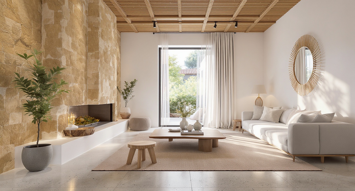 AI photorealistic render: Modern mediterranean living room — morning light