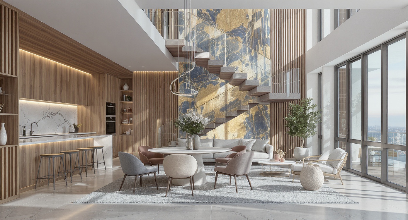 AI photorealistic render: Modern double-height living-dining — floating staircase