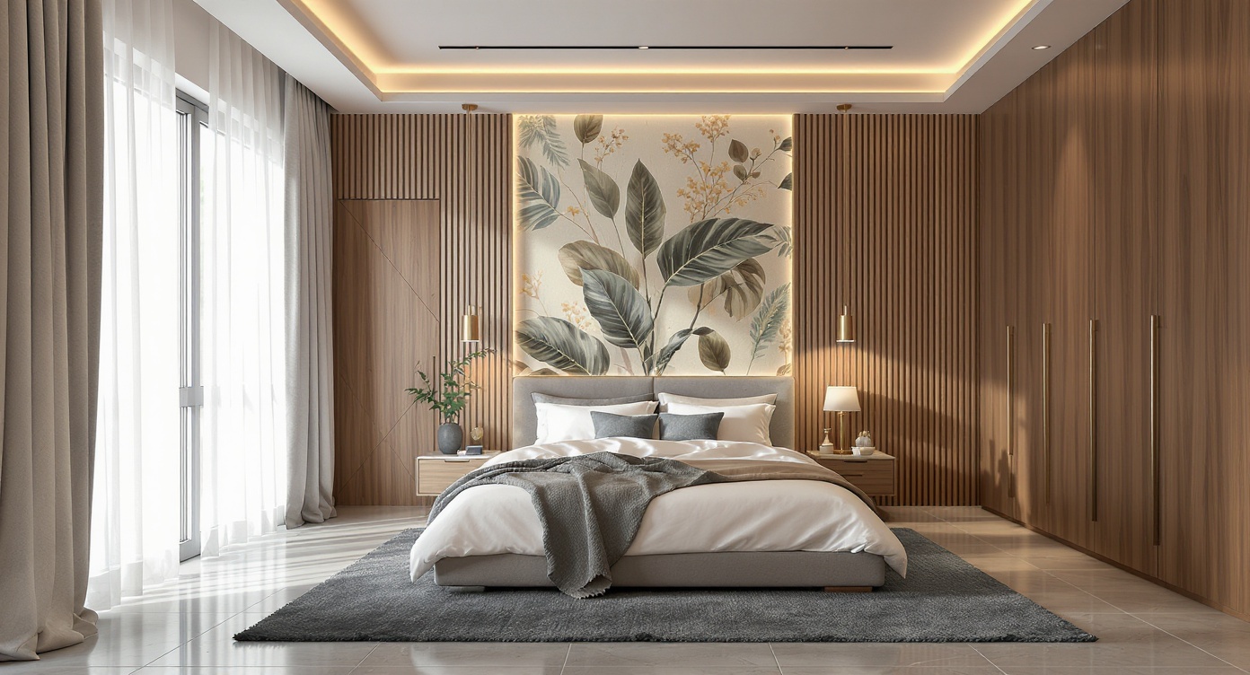 Modern Bedroom — Botanical Feature Wall & Wood Slats