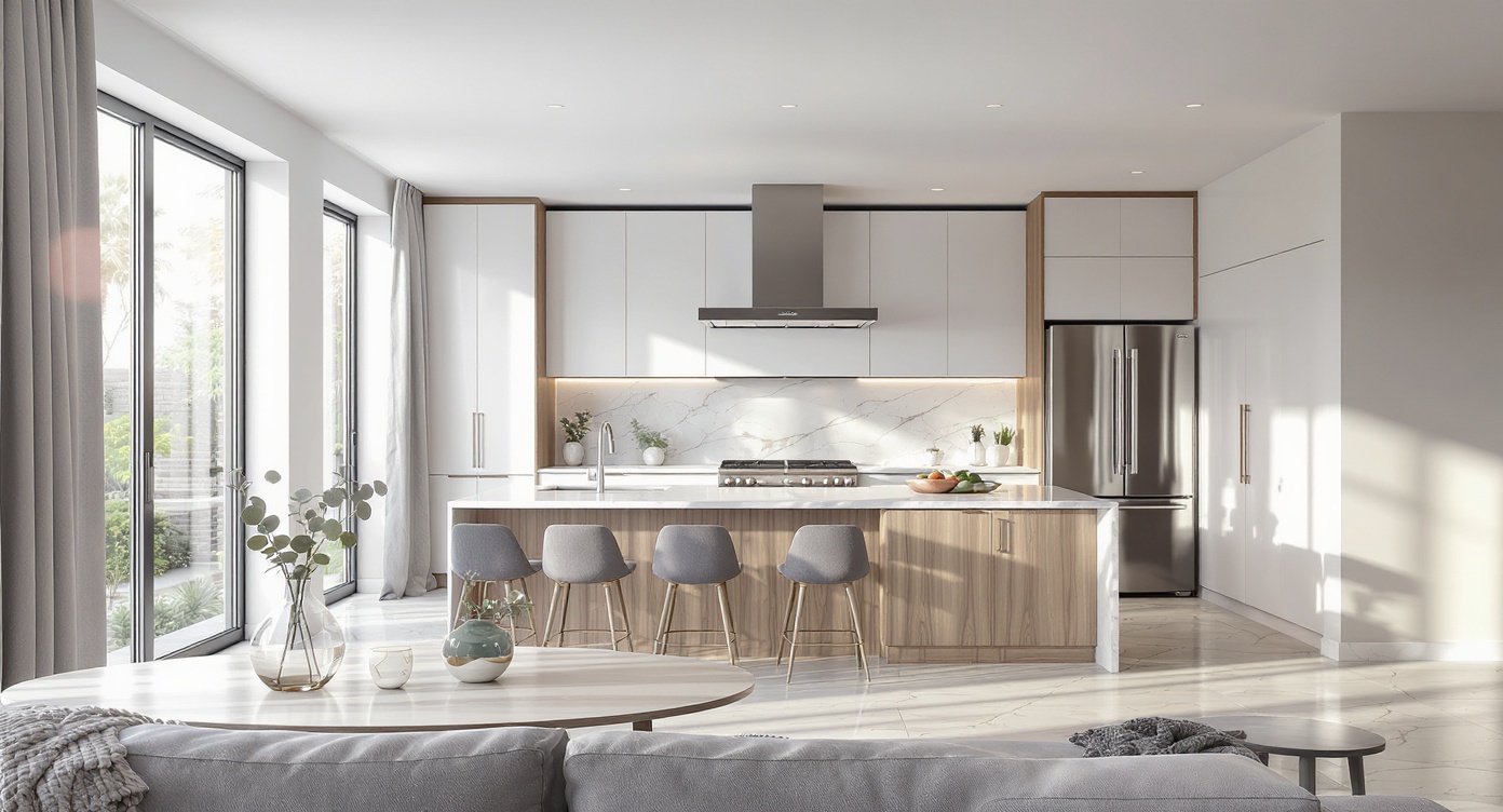 AI photorealistic render: Modern open-plan kitchen-dining — morning light