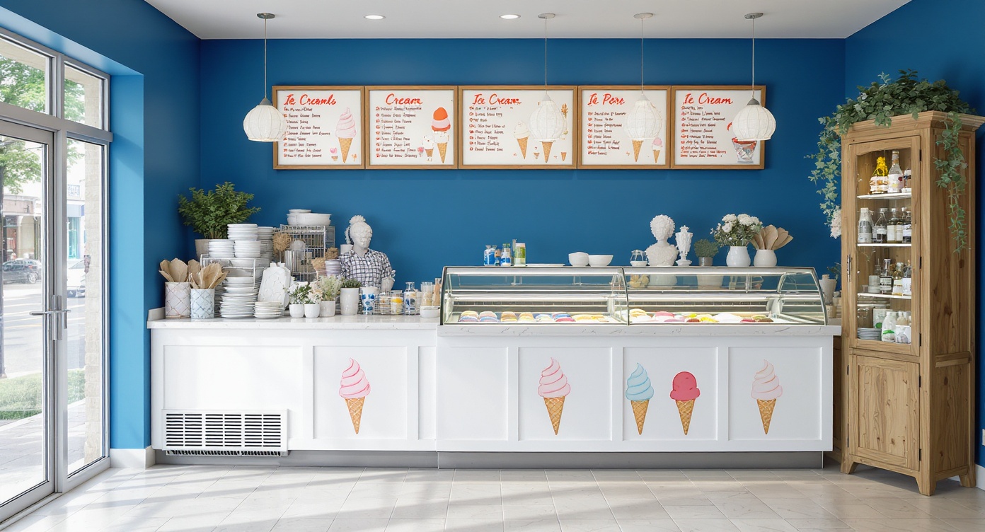 AI photorealistic render: Cobalt-blue modern ice cream parlor
