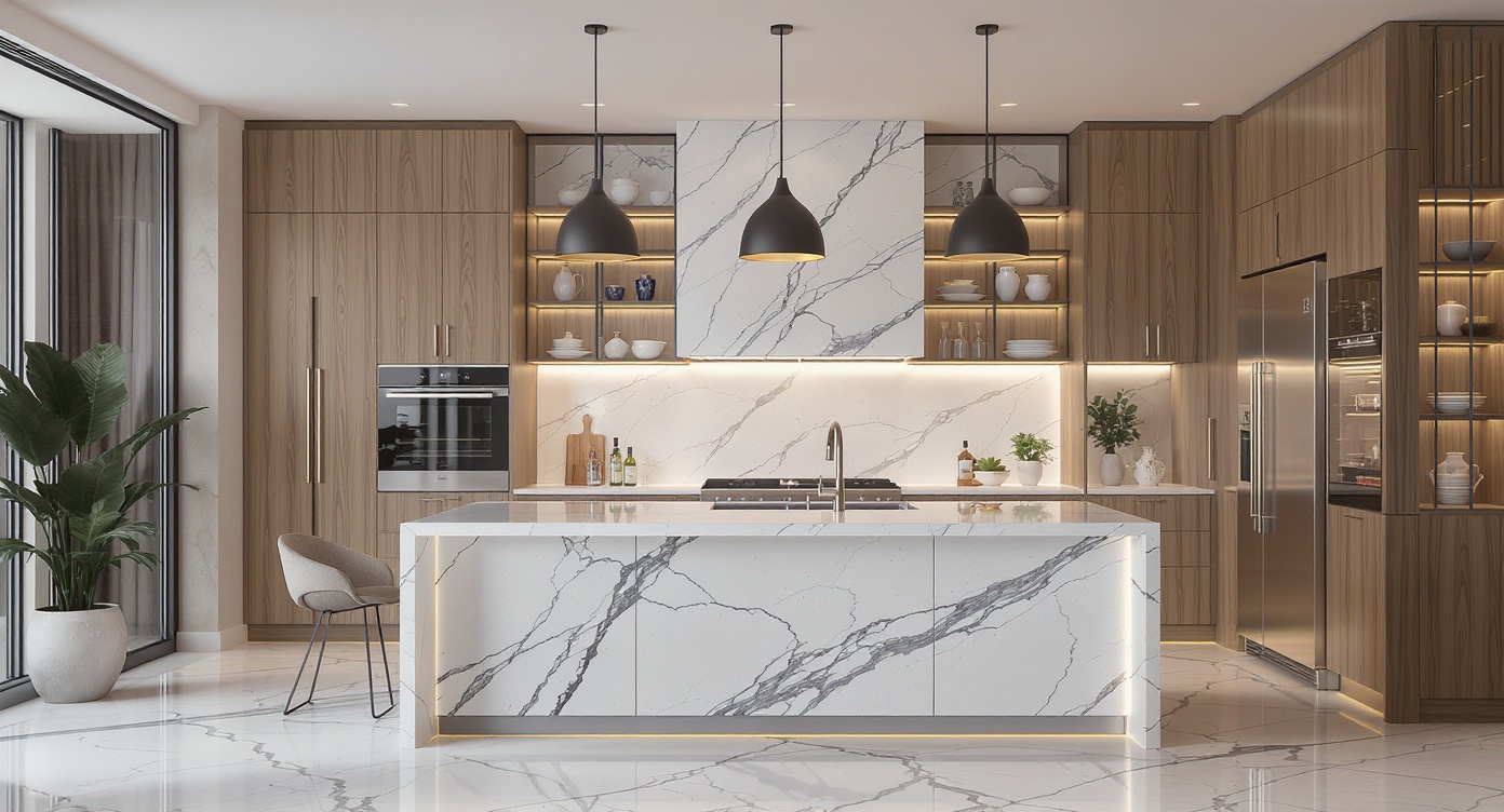 AI photorealistic render: Modern marble-front luxury kitchen