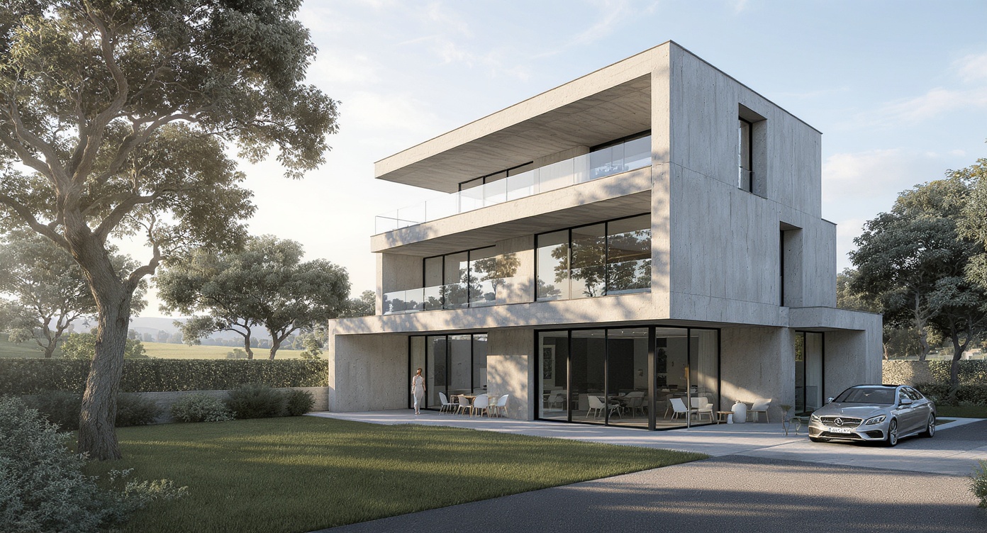 AI photorealistic render: Minimalist concrete three-story home — morning render