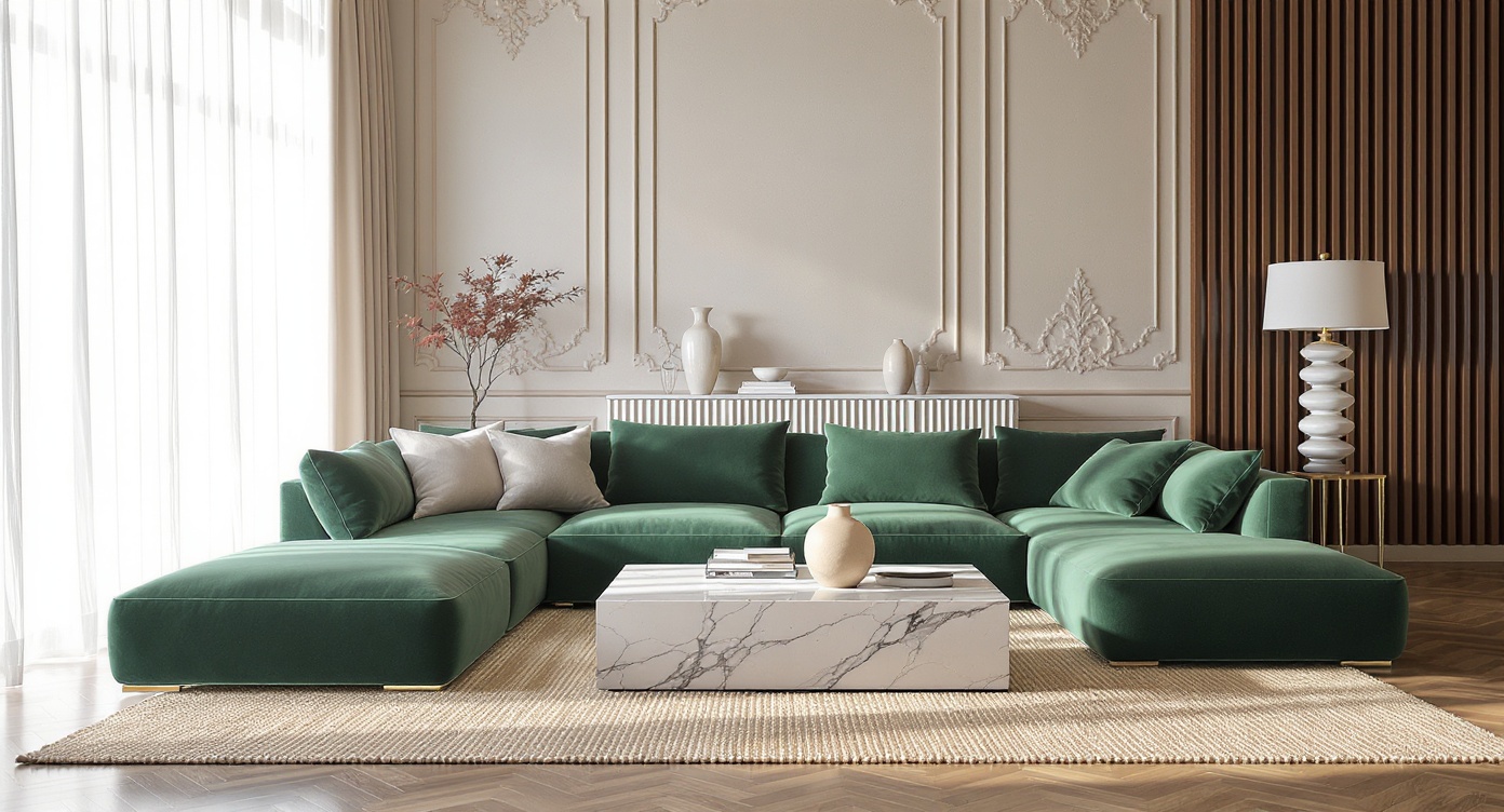 AI photorealistic render: Modern luxe living room — green modular sofa