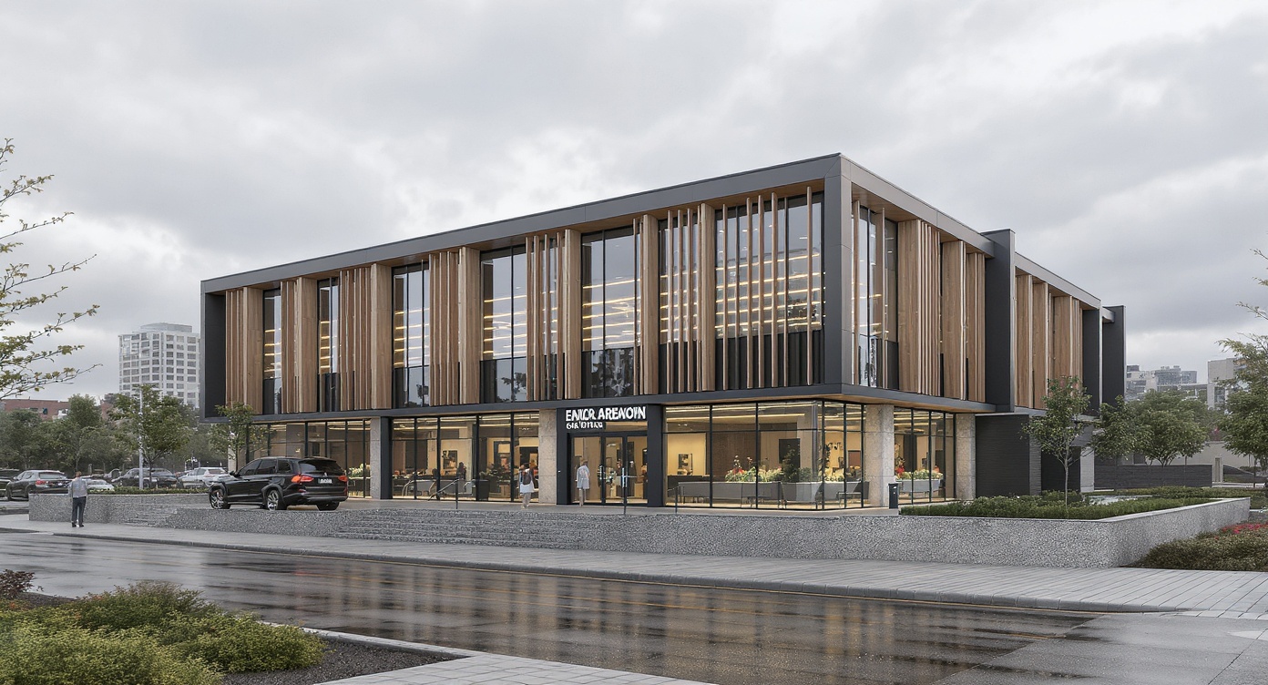 AI photorealistic render: Modern mixed-use commercial building render