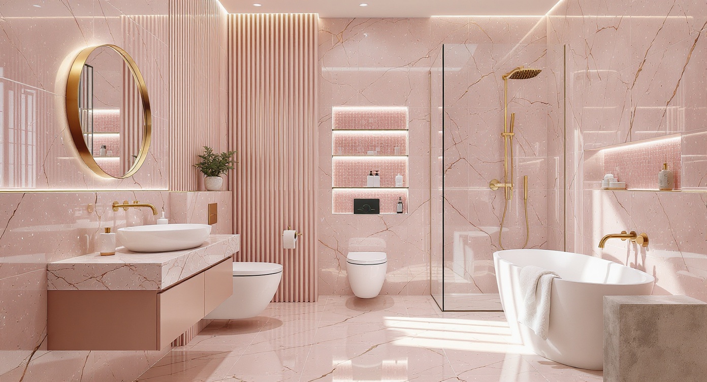 AI photorealistic render: Pink terrazzo modern bathroom