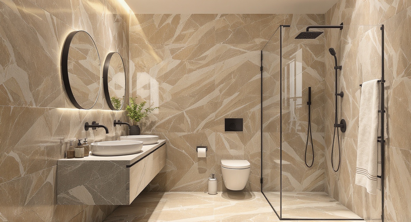 AI photorealistic render: Minimalist travertine bathroom render