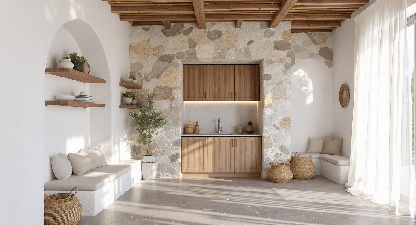 AI photorealistic render: Modern mediterranean niche — living & kitchen