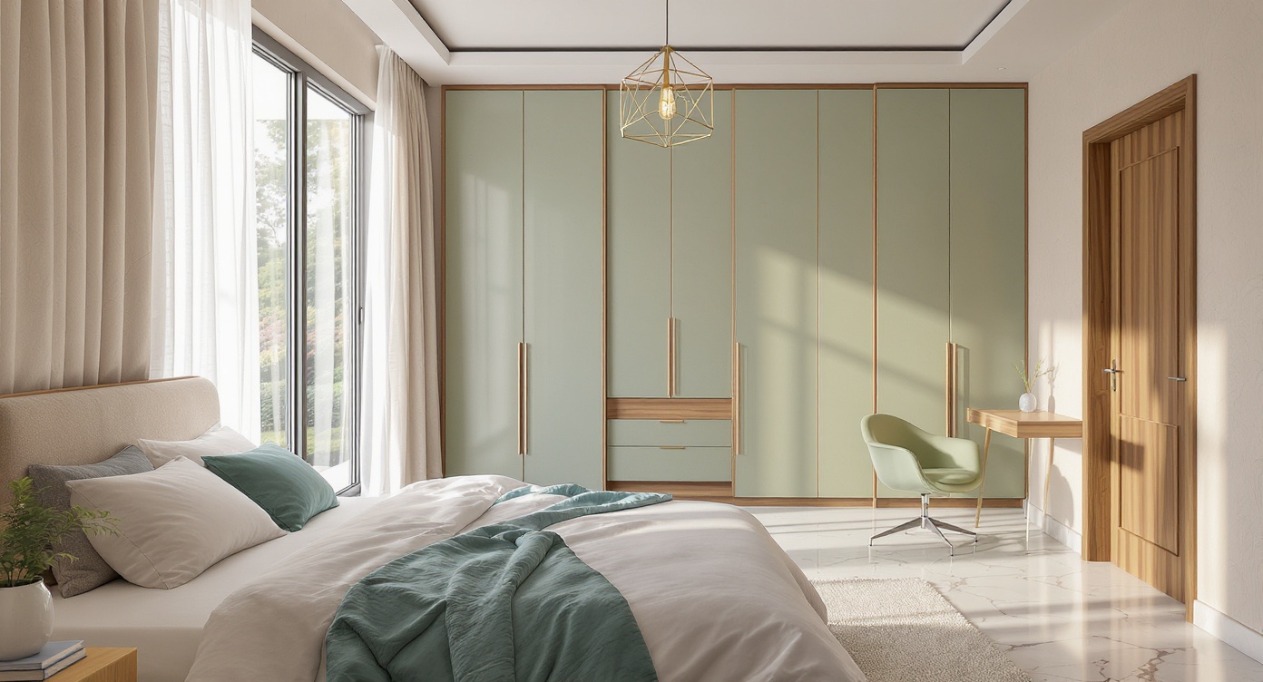 AI photorealistic render: Minimalist morning bedroom — modern mint wardrobe