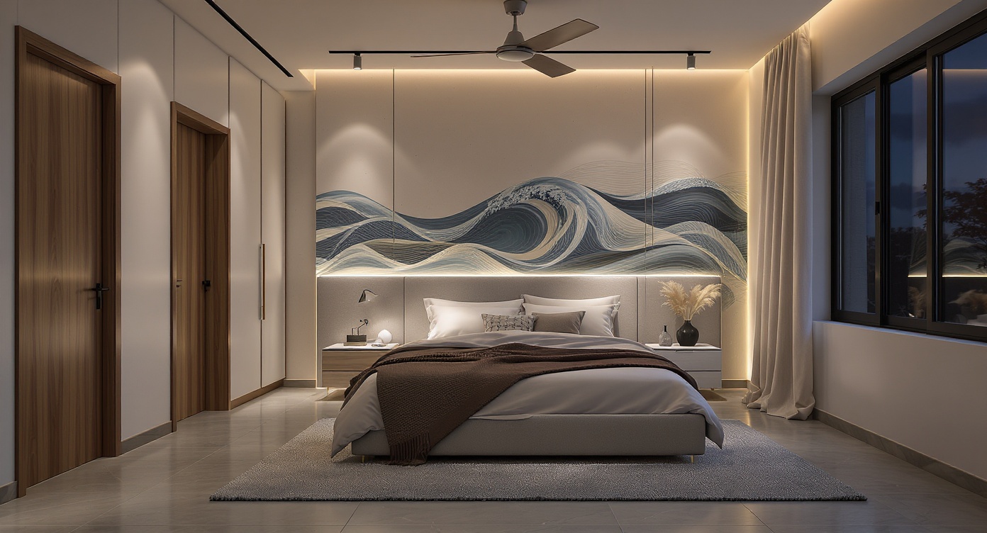 Minimalist Modern Bedroom — Evening Render