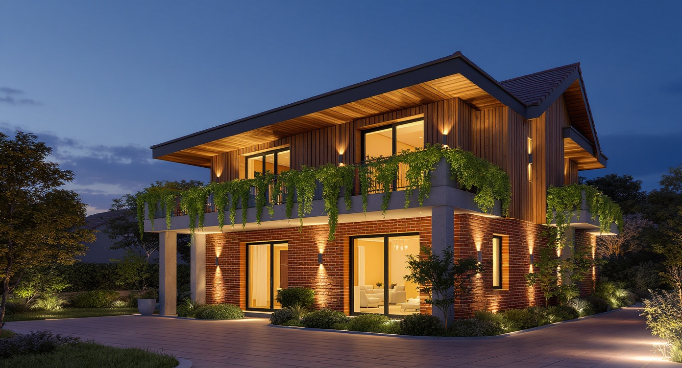 AI photorealistic render: Modern gabled house — night render