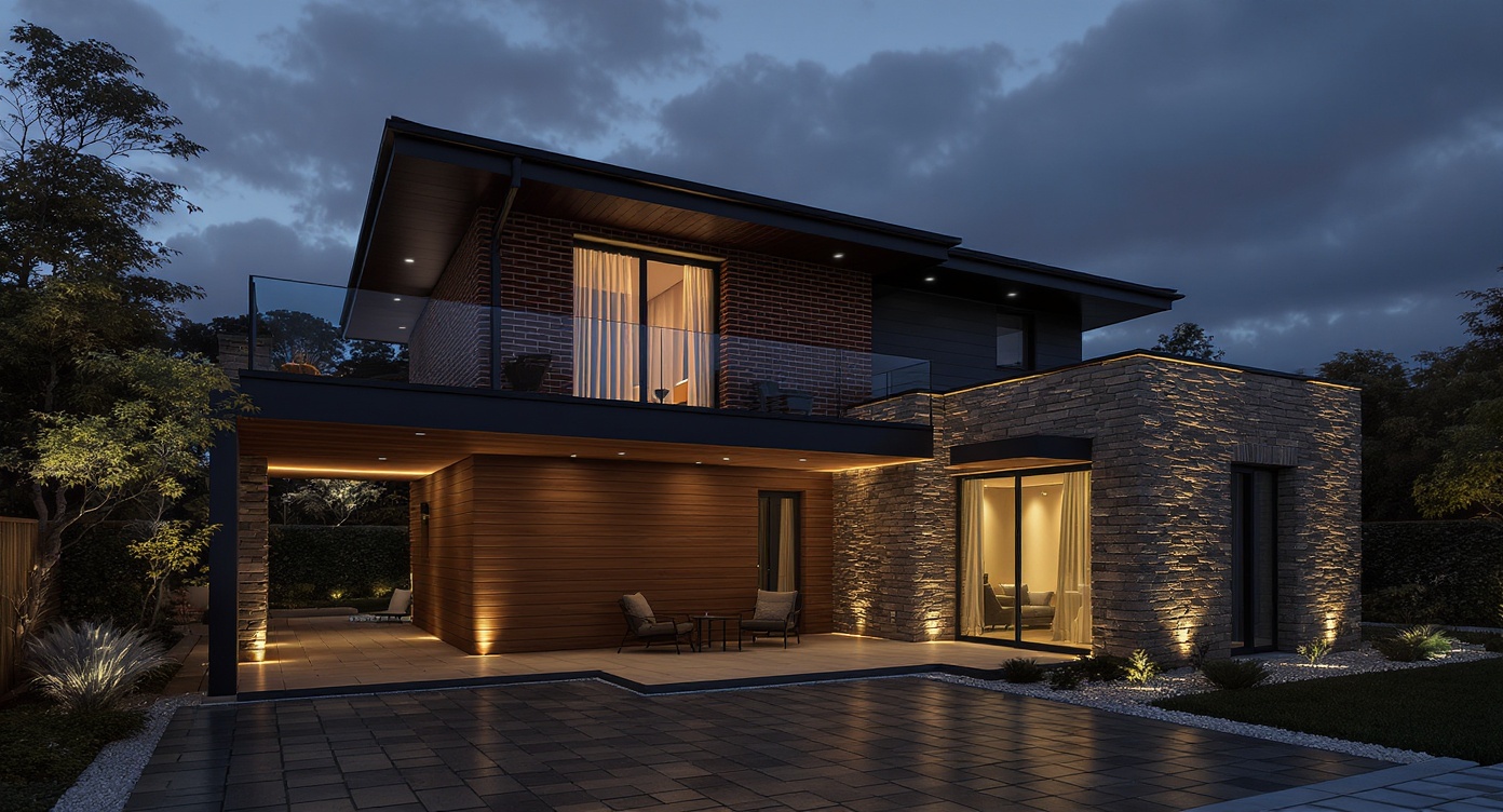 AI photorealistic render: Modern mixed-material two-story house — night exterior