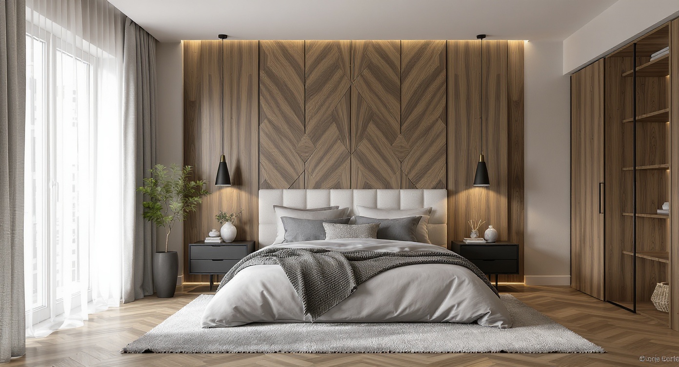 AI photorealistic render: Modern master bedroom — wood-panelled, geometric headboard