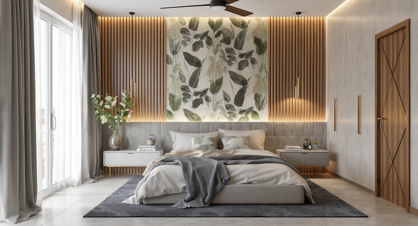 AI photorealistic render: Modern botanical bedroom — vertical wood slats