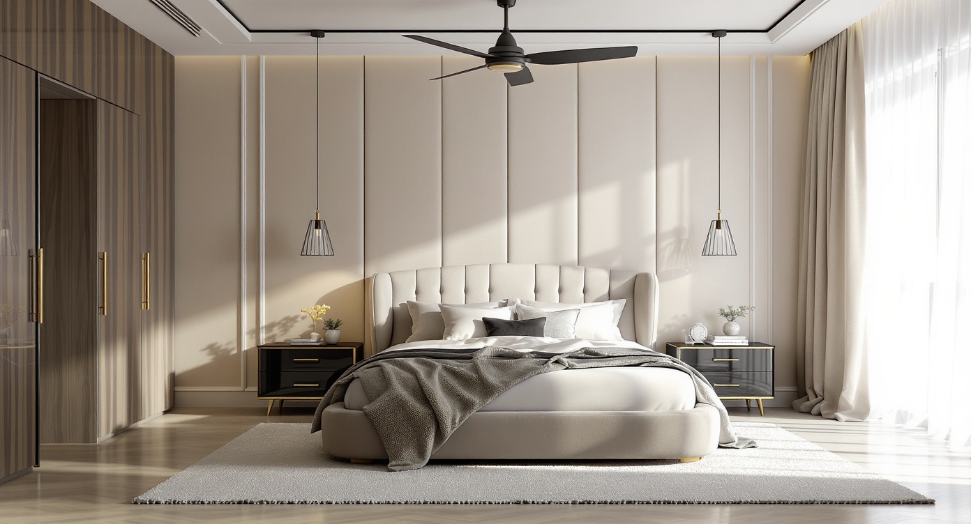 AI photorealistic render: Modern luxury bedroom — quilted panel accent