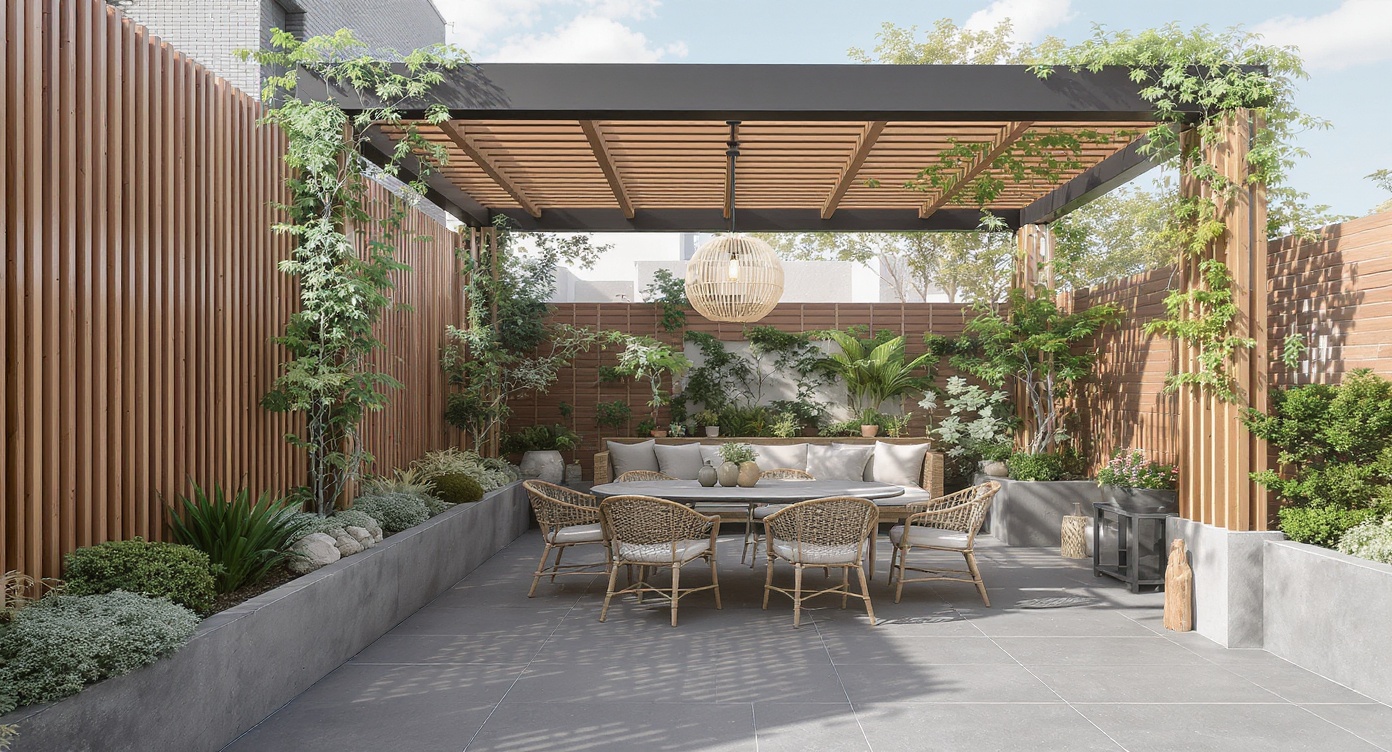 AI photorealistic render: Contemporary rooftop lounge — pergola dining scene