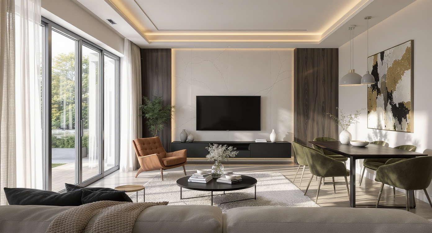 AI photorealistic render: Modern open-plan living & dining — photoreal render