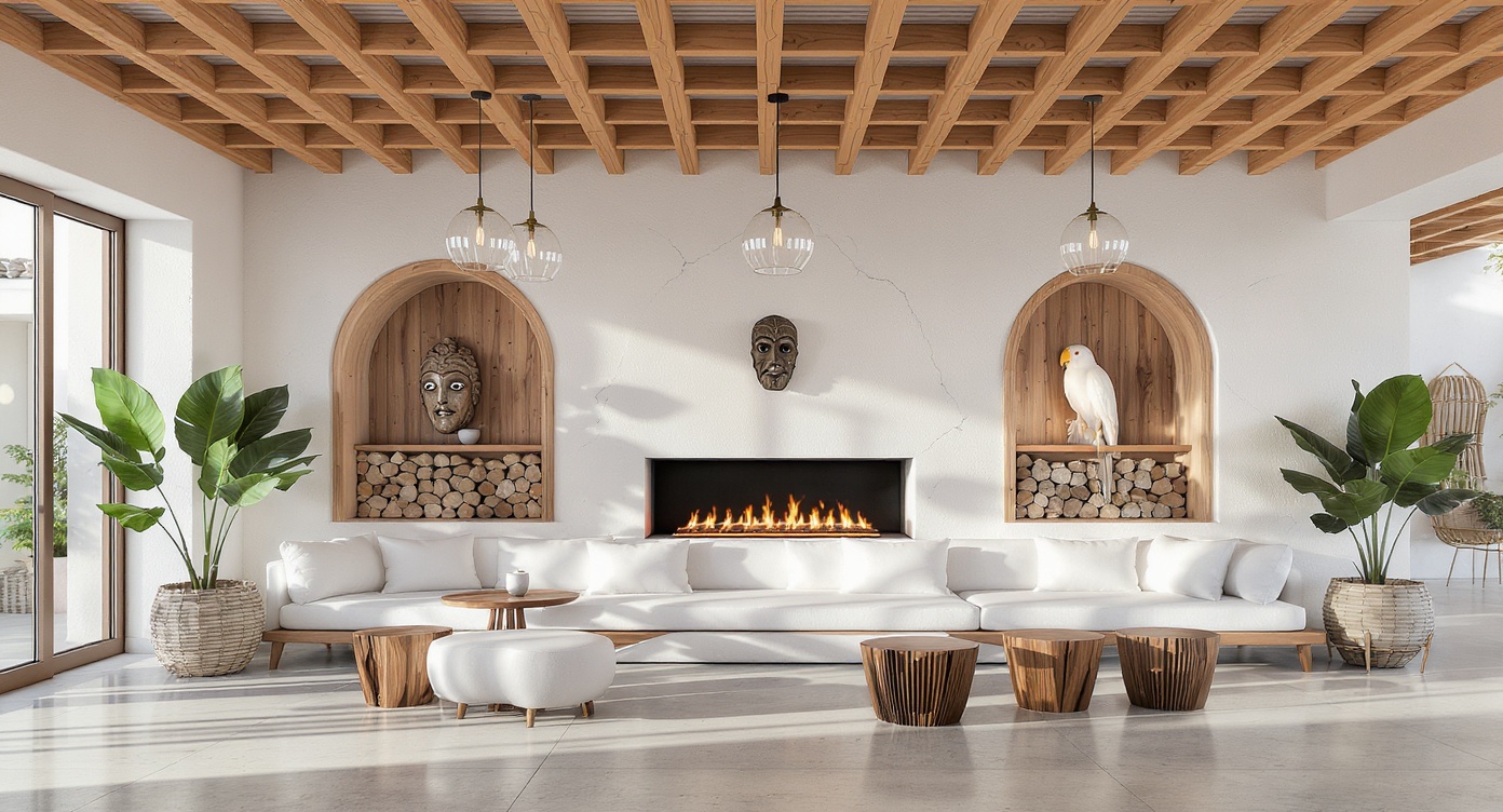 AI photorealistic render: Minimal mediterranean coastal lounge