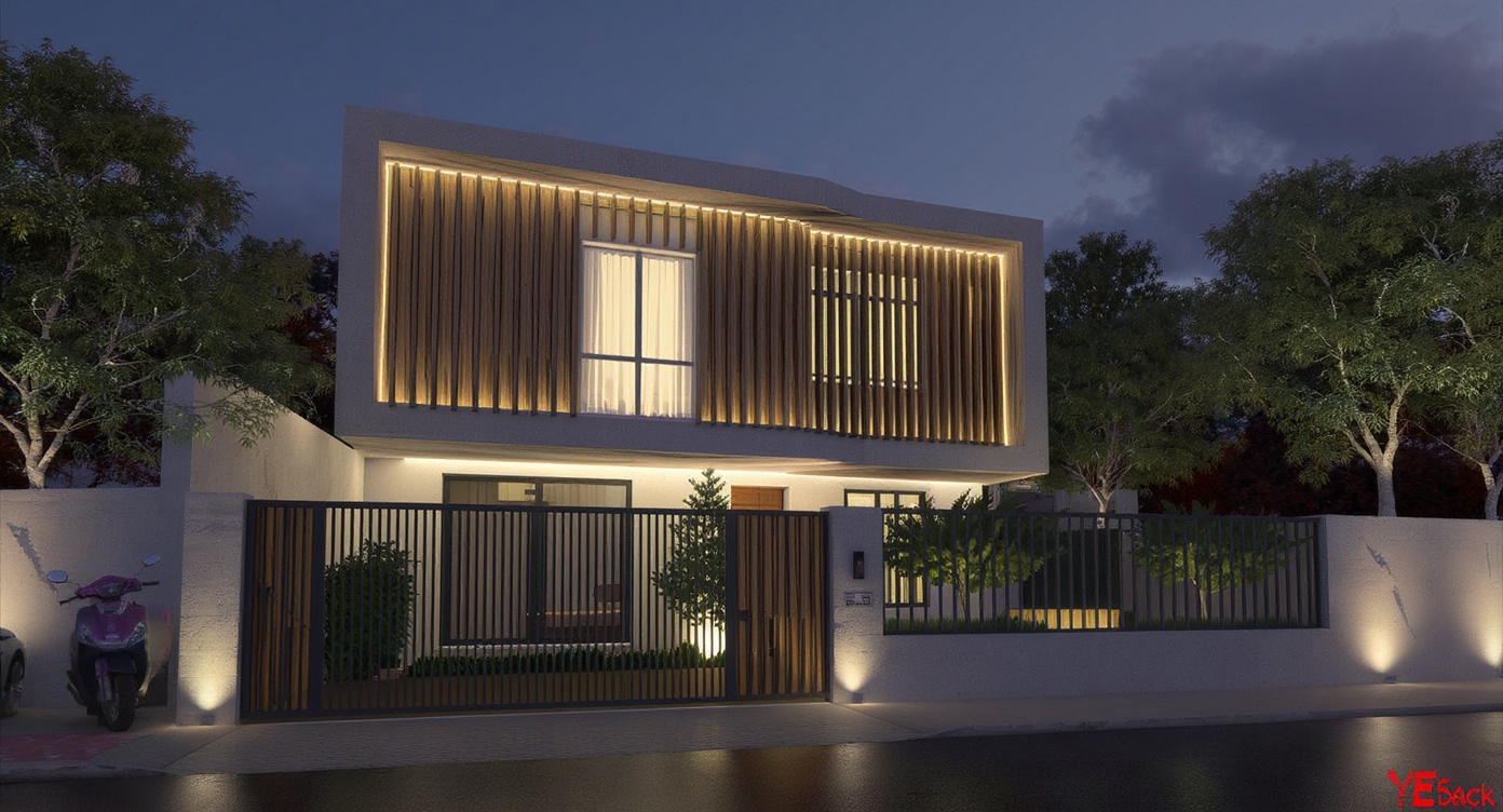 Contemporary Urban Townhouse Facade — Evening Render