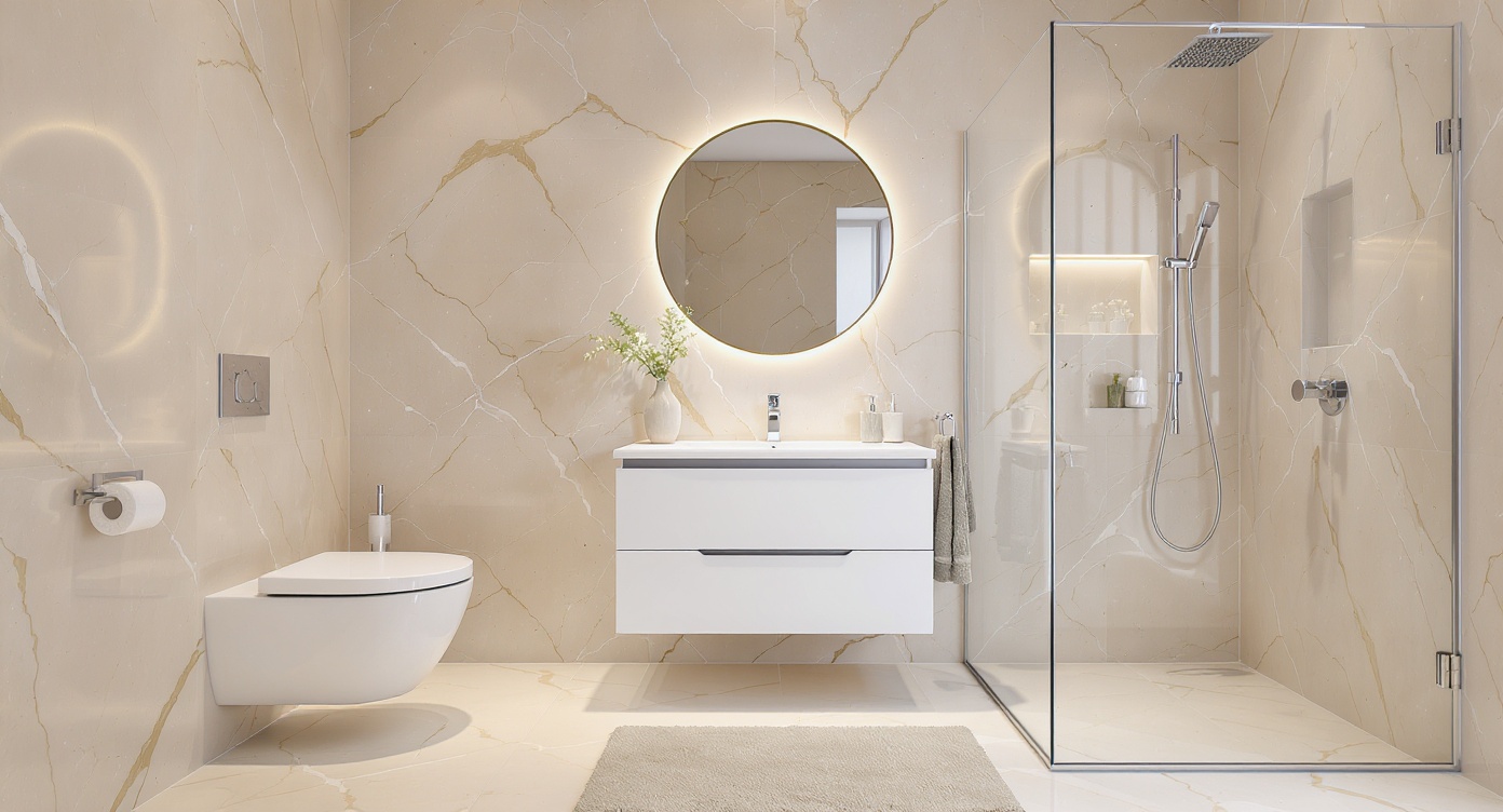 AI photorealistic render: Modern beige marble bathroom — minimal vanity & walk-in shower