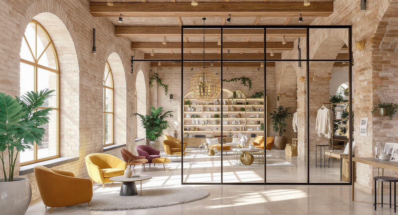 AI photorealistic render: Mediterranean-modern boutique showroom