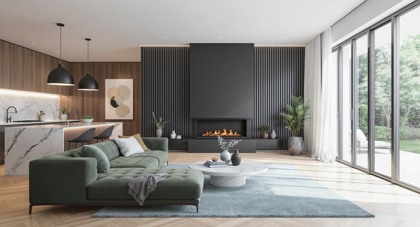 AI photorealistic render: Modern open-plan living room & marble kitchen