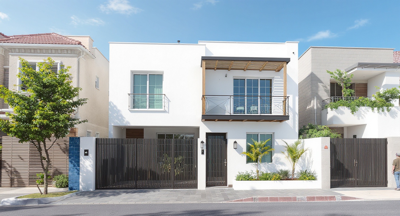AI photorealistic render: Modern townhouse facade — vertical slat screens