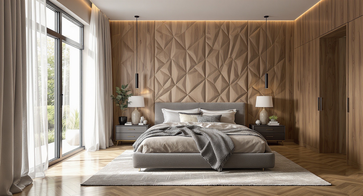 Modern Master Bedroom — Wood Paneling & Geometric Headboard