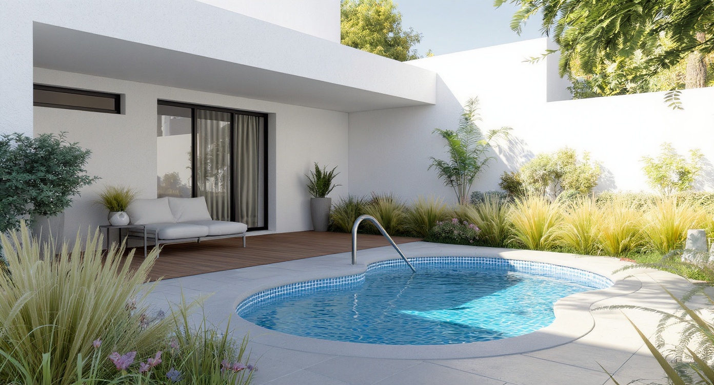 AI photorealistic render: Minimal courtyard with kidney pool — morning light