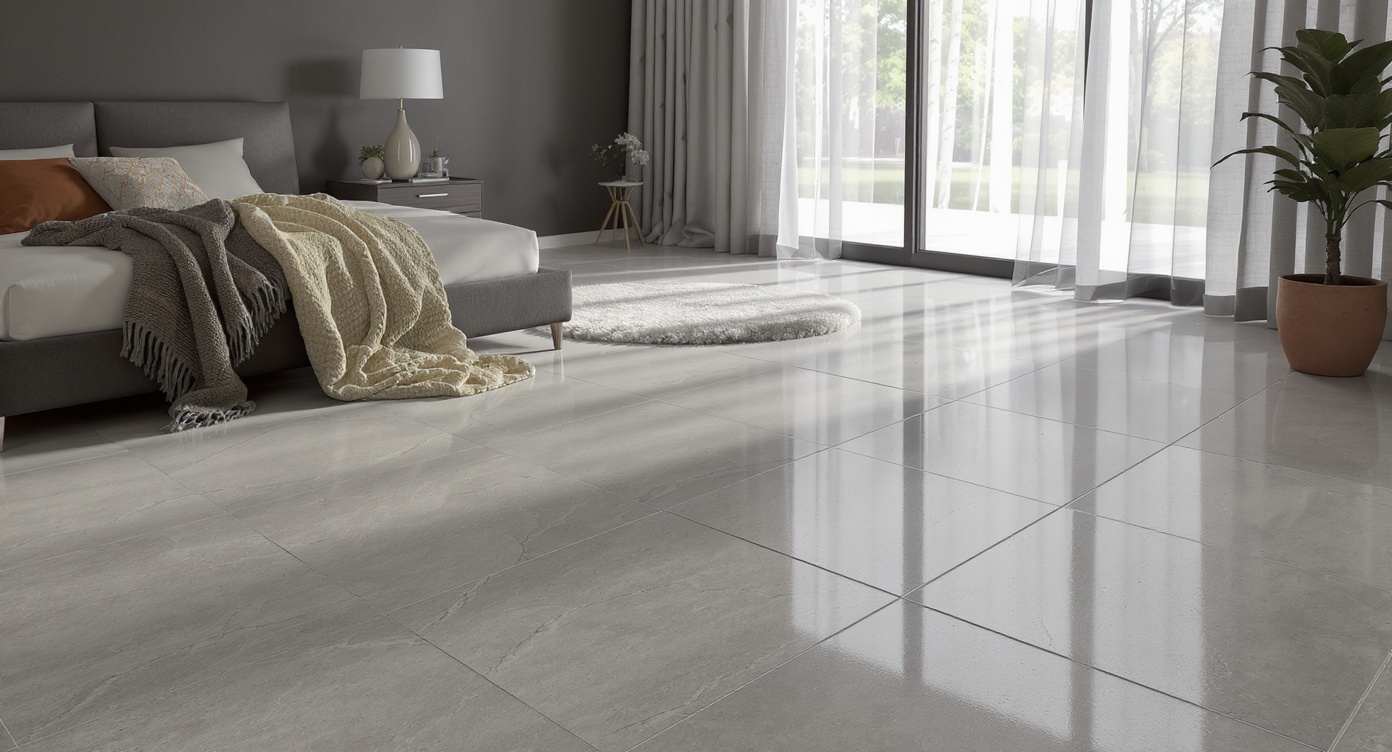 AI photorealistic render: Modern urban bedroom — morning light on gray tile
