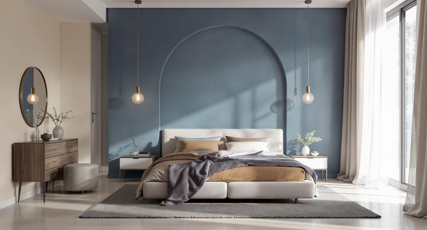 AI photorealistic render: Modern arched bedroom — neutral morning light