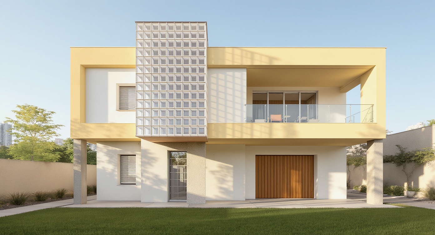 AI photorealistic render: Modern elevated two-story house — glass-block stair tower