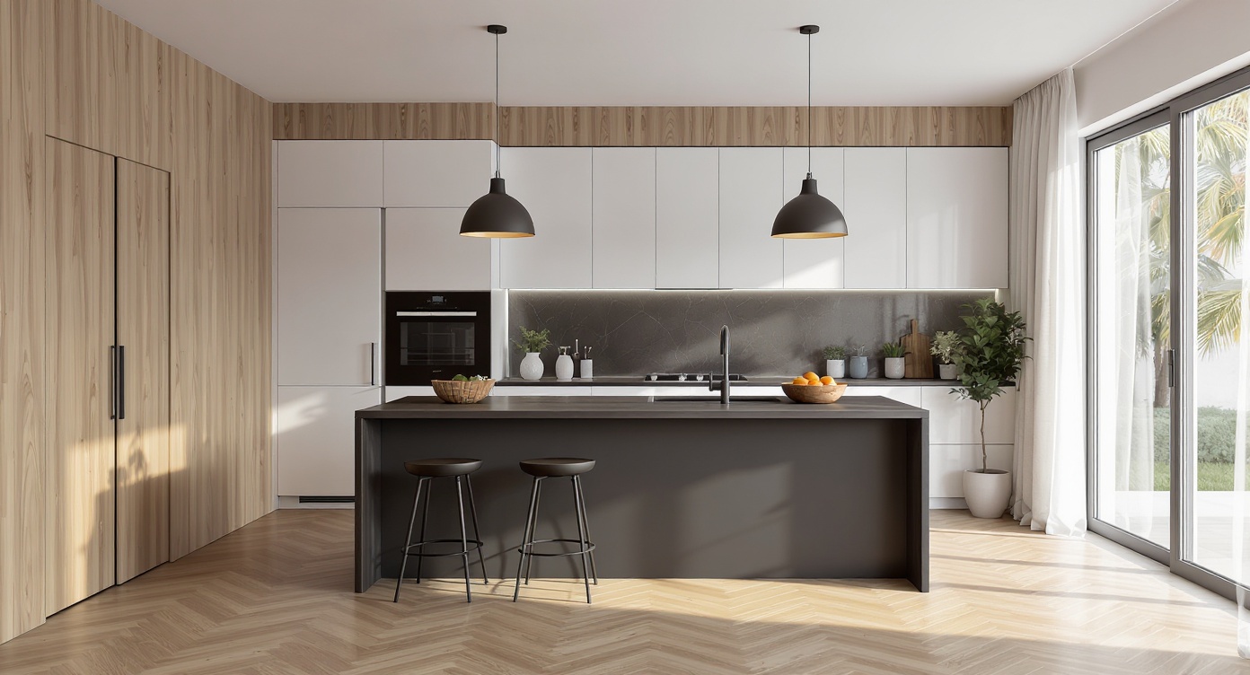 AI photorealistic render: Modern wood-panel kitchen — matte island