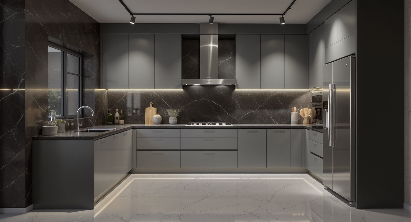 AI photorealistic render: Modern l-shaped night kitchen — matte grey cabinets