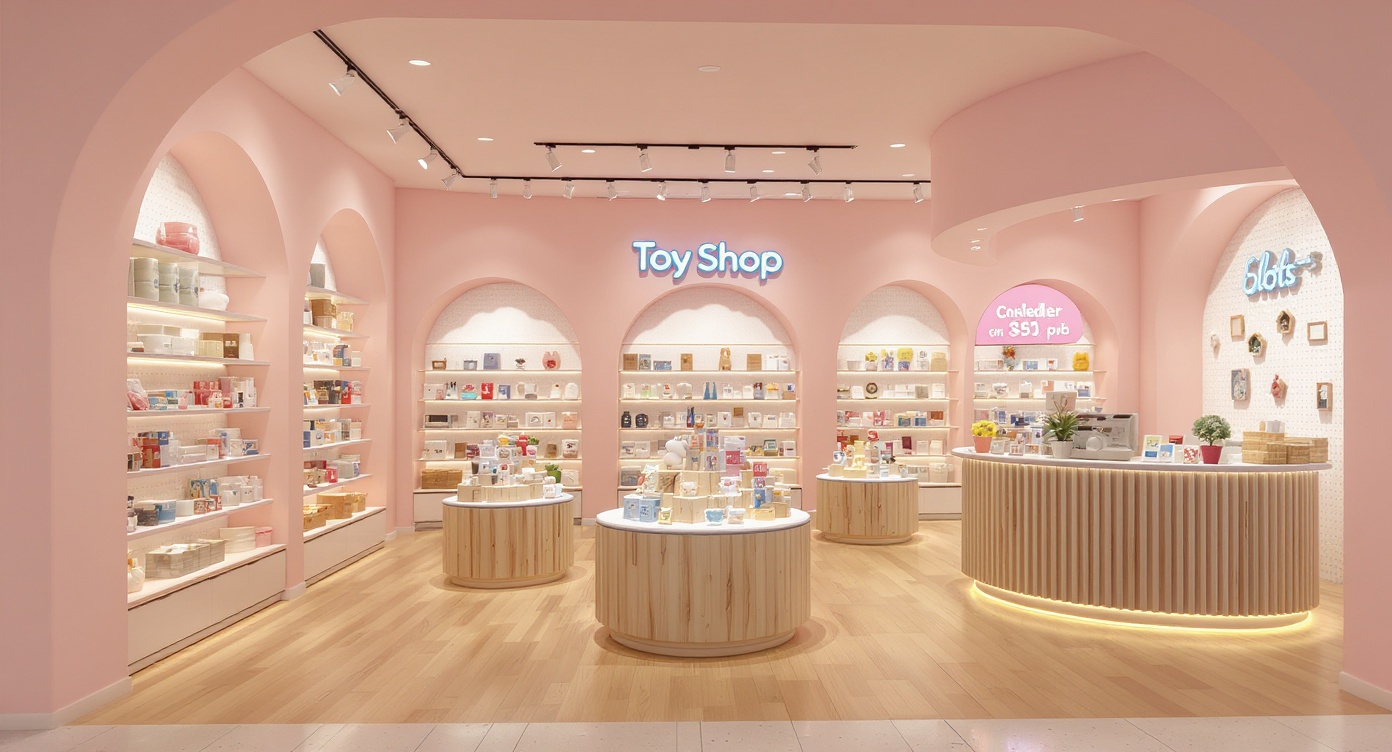 AI photorealistic render: Playful pastel toy shop interior