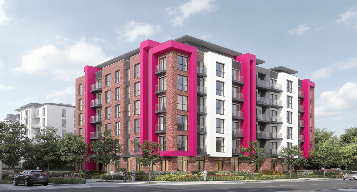 AI photorealistic render: Magenta-accented mid-rise apartment exterior