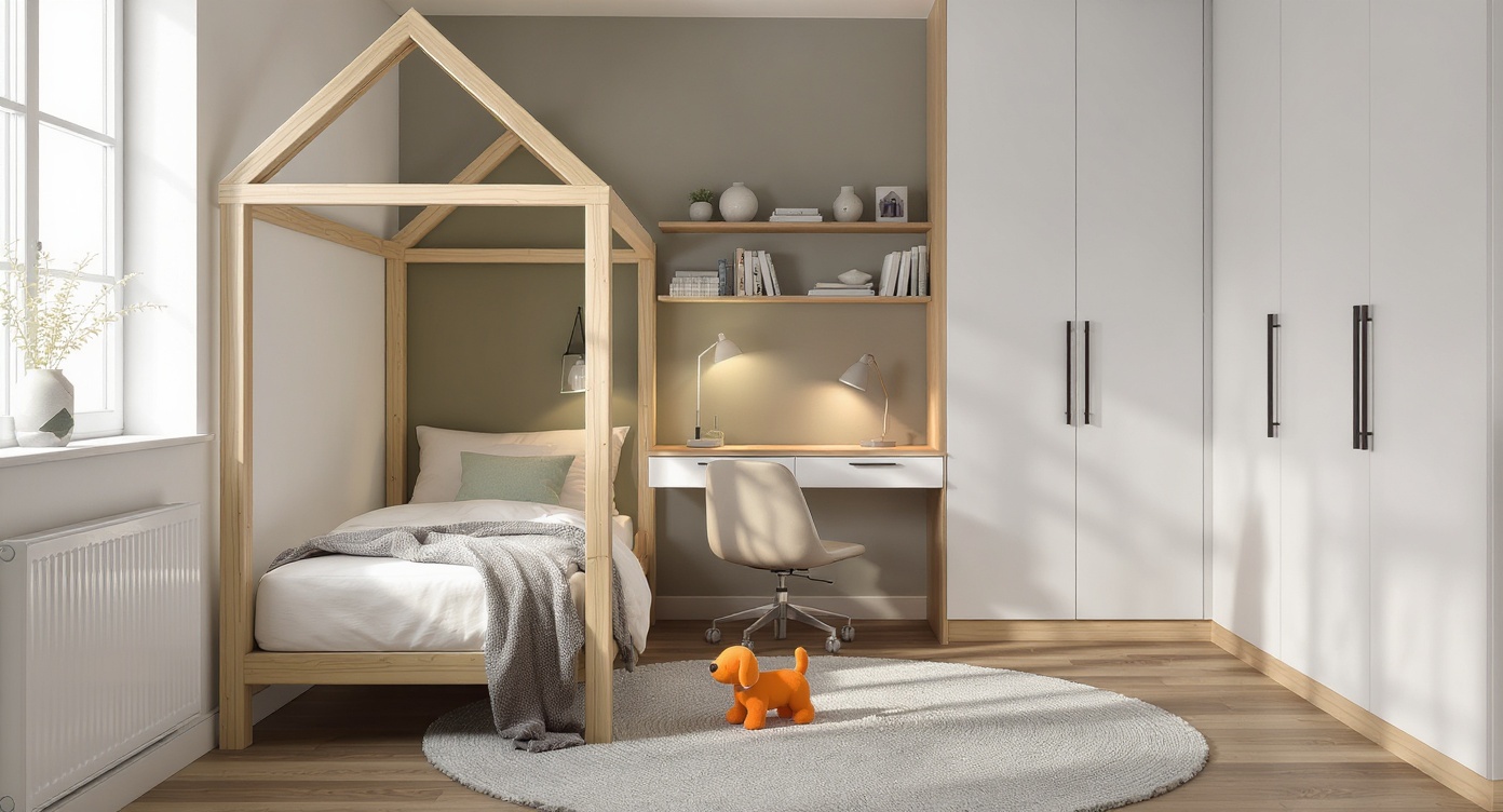 AI photorealistic render: Modern kids' bedroom — wood alcove bed & study