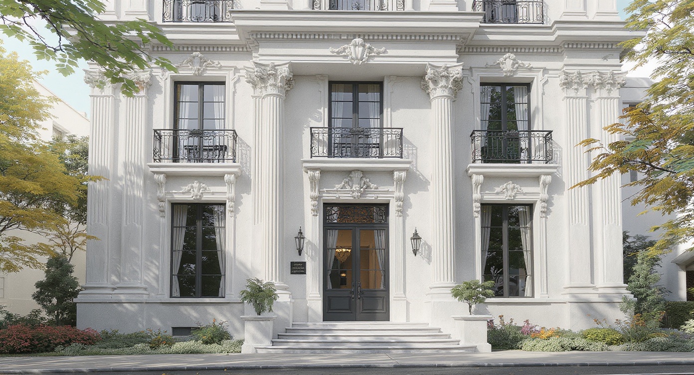 AI photorealistic render: Neoclassical three-story façade render
