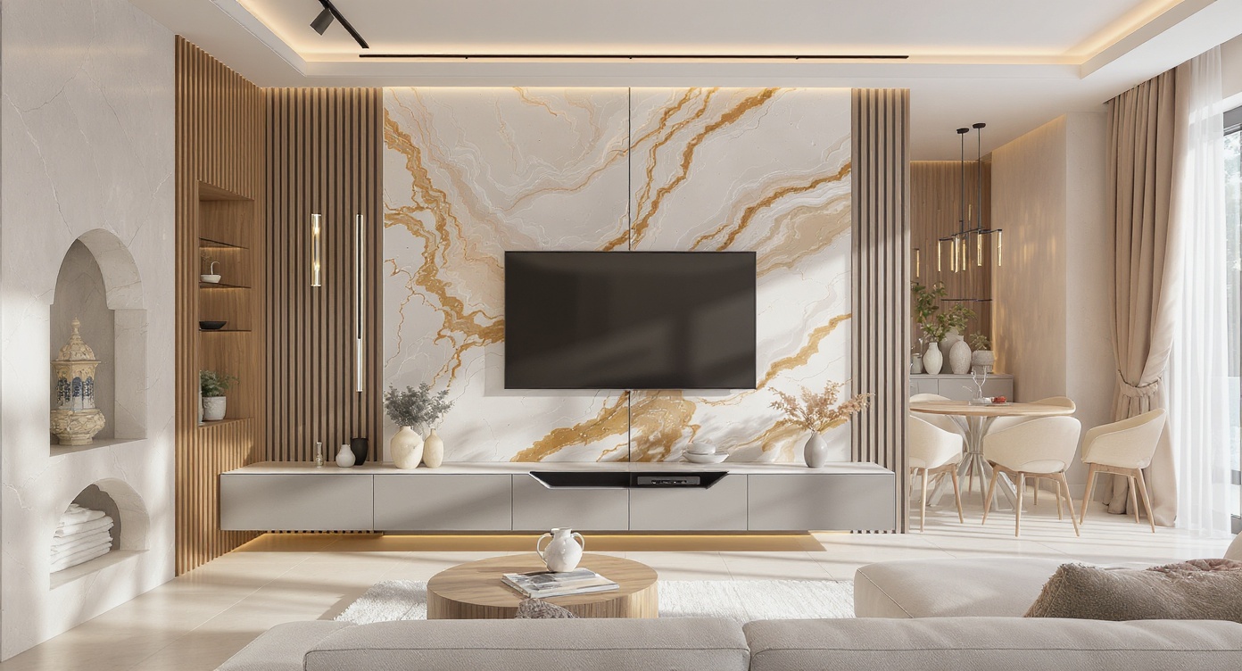AI photorealistic render: Modern marble-feature open plan living & dining