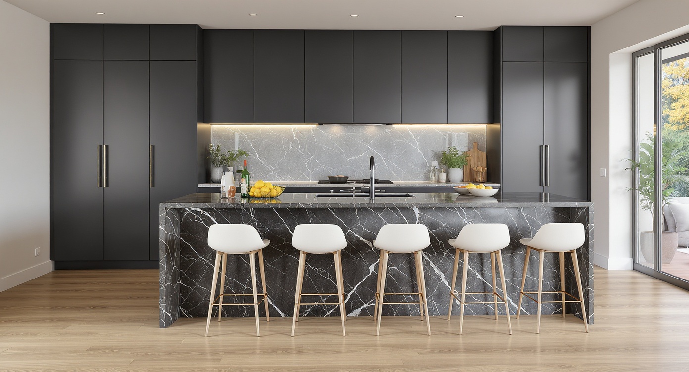 AI photorealistic render: Modern open-plan kitchen with dark grey marble island