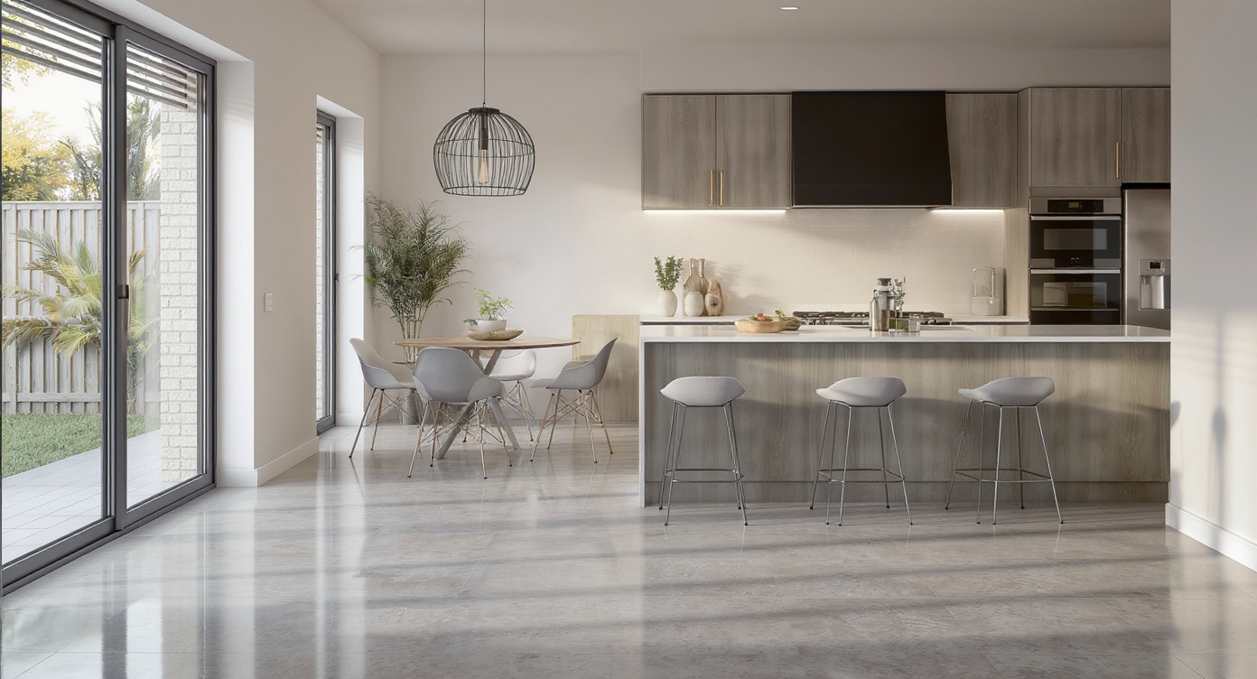 AI photorealistic render: Polished concrete kitchen — modern dining scene