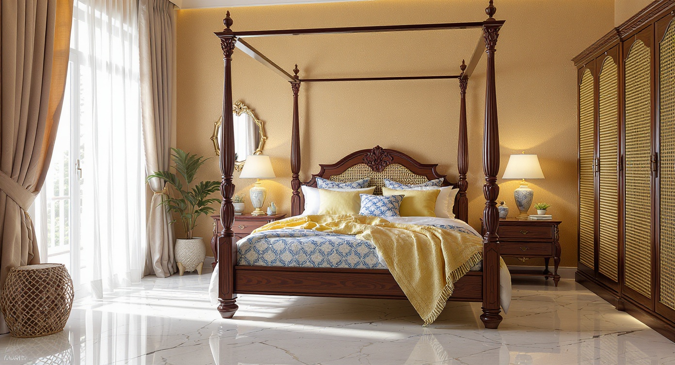 AI photorealistic render: Carved wood four-poster bedroom — traditional scene
